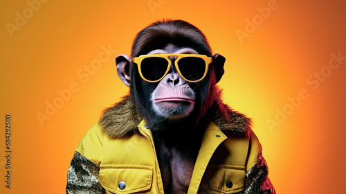 Stylish portrait of dressed up imposing anthropomorphic monkey wearing glasses. Funny pop art. 