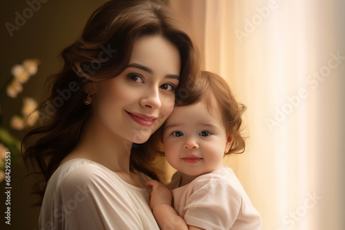 a mother holding her baby bokeh style background