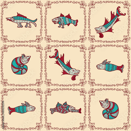 Medieval bestiary style pattern of aquatic beast and sea monsters. Doodle ancient print for tee, paper, textile and fabric. Hand drawn vector illustration.