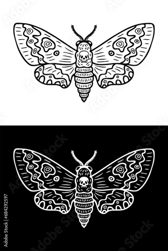 Monochrome acherontia atropos hawk moth doodle. Perfect print for tee, poster, card, sticker, banner. Hand drawn vector illustration.