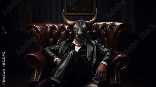 Bull with human body sitting in couch.. 