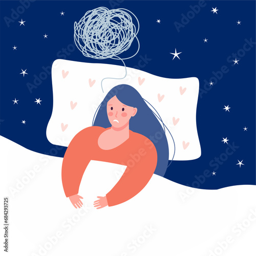 A young girl suffering from insomnia is lying on a pillow, covered with a cozy blanket. Vector illustration