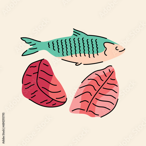 Hand drawn fish: tuna, fillet, herring color element. Cartoon unprocessed food. Isolated vector illustration.