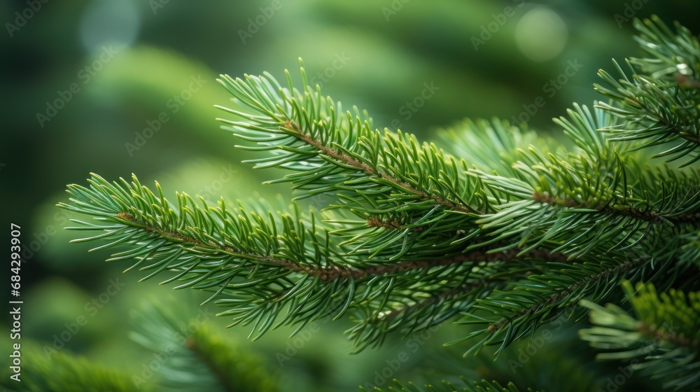 Beautiful fir or Christmas tree branches, selective focus, coniferous forest outdoor background with copy space.