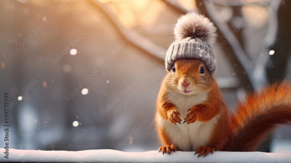 close up squirrel in winter landscape