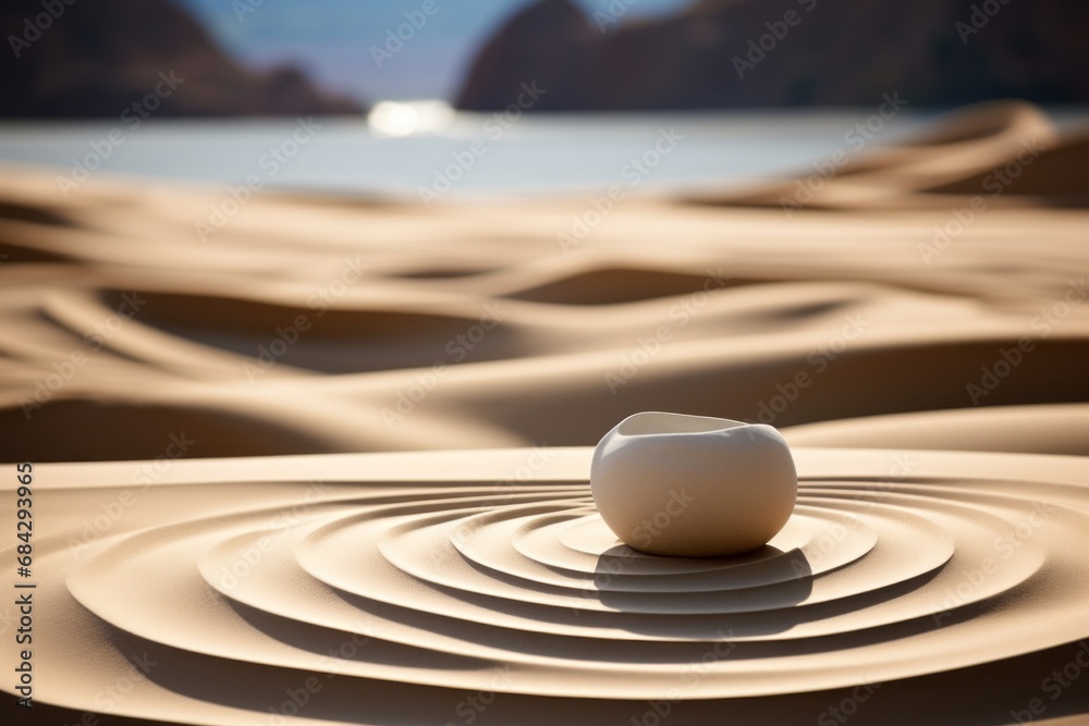 Obraz premium Peaceful Zen meditation garden on a sandy surface with stones for relaxation and harmony.