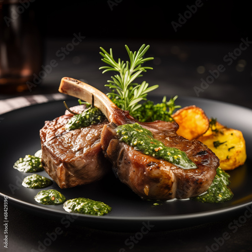 Exquisite lamb chops with herb sauce on a black plate, complemented by roasted potatoes, ideal for culinary websites and gourmet magazines.