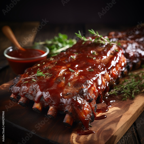 Close-up of glazed pork ribs with fresh rosemary, ideal for BBQ-themed content and cooking shows.