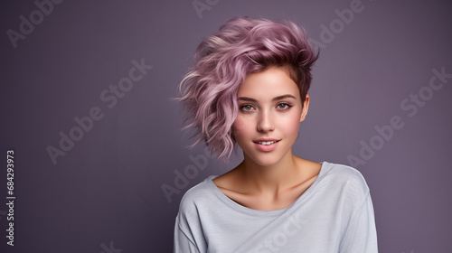 Portrait of a beautiful young woman with purple hair on a gray background. Generative AI