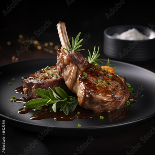 Gourmet lamb chops with a rich glaze and fresh herbs on a black plate, perfect for upscale dining and recipe blogs.