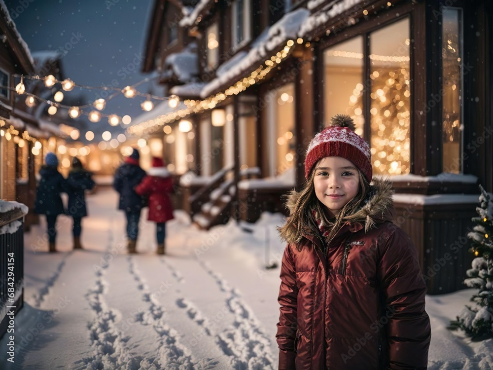 A girl dressed in winter clothes, with a background depicting the charm of Christmas lights adorning houses and streets during the snowy season. A girl dressed in winter clothes, with a background depicting the charm of Christmas lights adorning houses and streets during the snowy season.