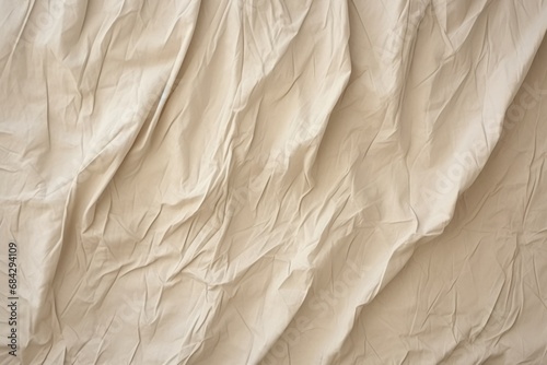 Collected woven linen fabric pattern, delicately hanging texture of beige linen fabric, pleated visual backdrop, template, available space for duplication.