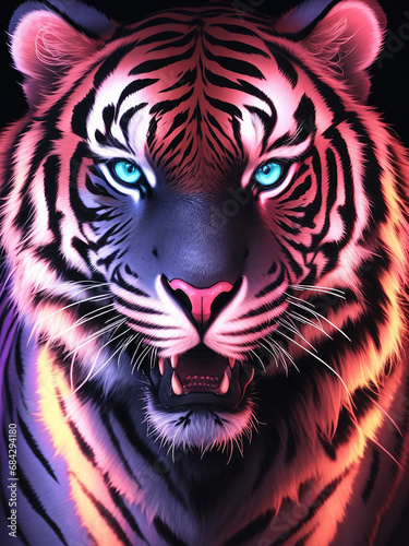 A photo of a big tiger head in neon color Generative AI