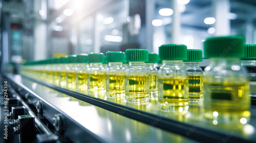 Medical bottles close-up. Production of medicines in ampoules