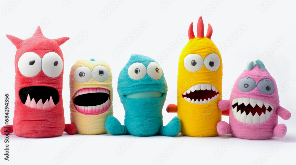 Funny soft children's plush toys on a white background Funny soft children's plush toys on a white background