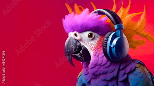A bright parrot in headphones listens to music on a red background. Place for text, copyspace