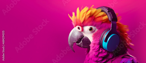 A bright parrot in headphones listens to music on a pink background. Place for text, copyspace