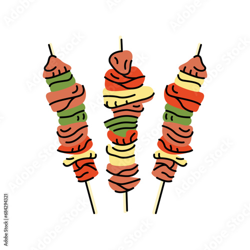 Barbecue on a skewer color element. Cartoon street food. Isolated vector illustration.