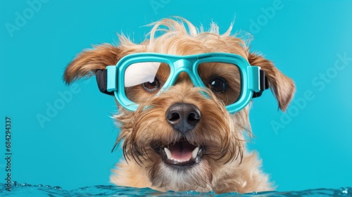 Cheerful dog wearing diving goggles on a turquoise background © dwoow