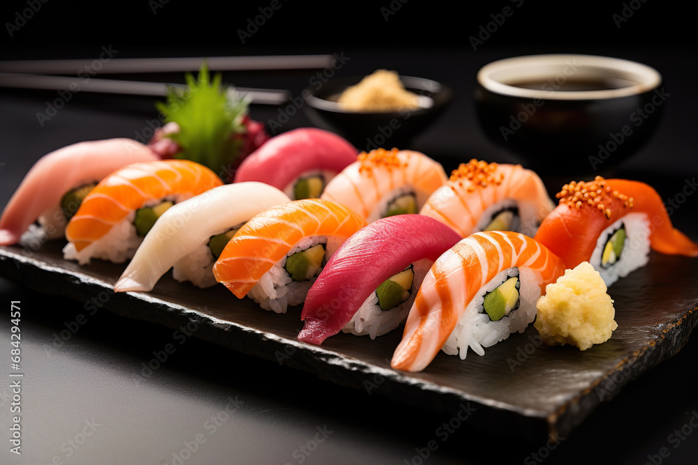 A plate of sushi with a variety of nigiri, sashimi, and rolls. Generative Ai A plate of sushi with a variety of nigiri, sashimi, and rolls. Generative Ai