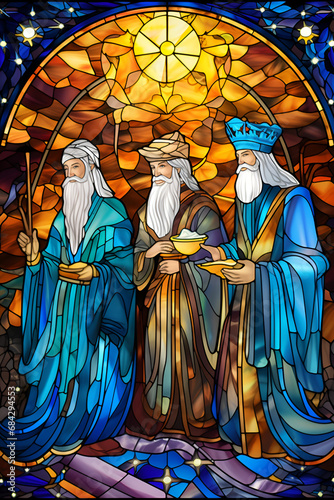 Fototapeta Elegant stained glass portrays the Epiphany scene with three kings offering gift