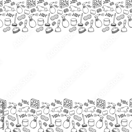 Frame of hand drawn home cleaning in doodle style