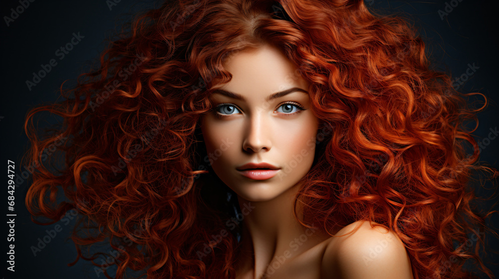 Fototapeta premium Portrait, close-up, of young and beautiful Caucasian woman, redhead, with long curly hair. Beauty advertising concept.