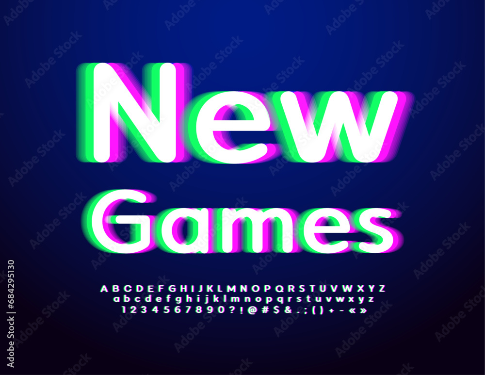 Vector advertising poster Next Games. Modern creative Font. Bright Digital Alphabet Letters and Numbers set