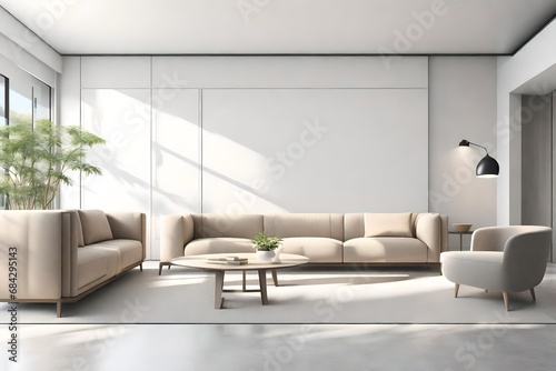 minimal style living room 3d render there are concrete floor white wall finished with  beige color furniture the room has large windows looking  out to see the senery photo