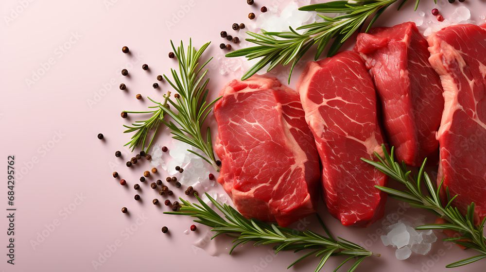 raw beef steak with rosemary and pepper - Meat, Top view, commercial design. - White background