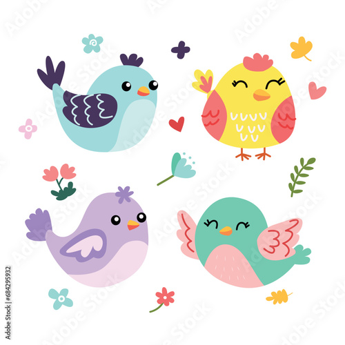 set birds surrounded by flowers and leaves in pastel colors © Allakulyevva
