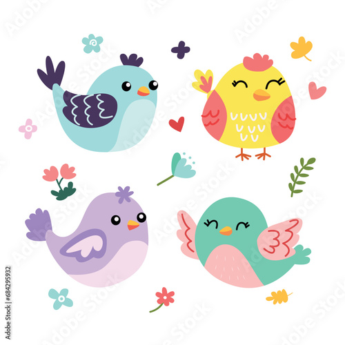 set birds surrounded by flowers and leaves in pastel colors