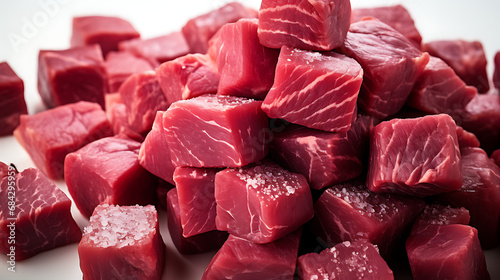 raw beef steak cubes with rosemary - Meat, Top view, commercial design. - White background