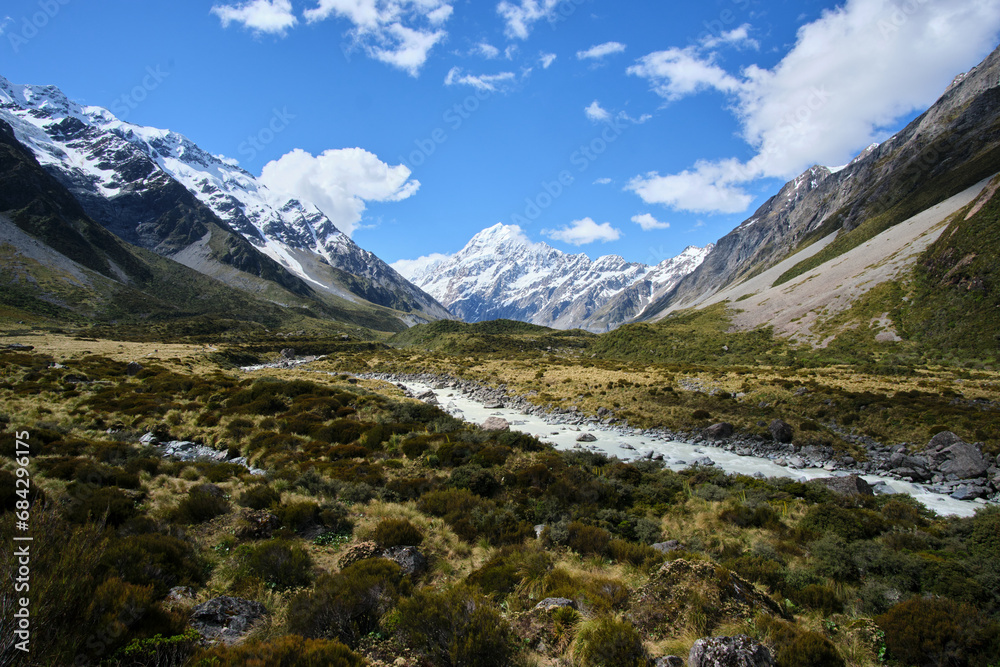 River in the mountains of hooker valley, ew zealand