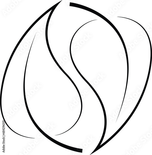 Minimalist flame logo, abstract circular design, black and white, curved lines, yin-yang inspired, symmetrical composition, simple elegant shape