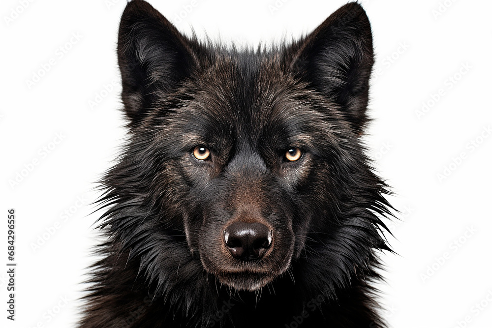 Fototapeta premium Black wolf close-up portrait on a white background.