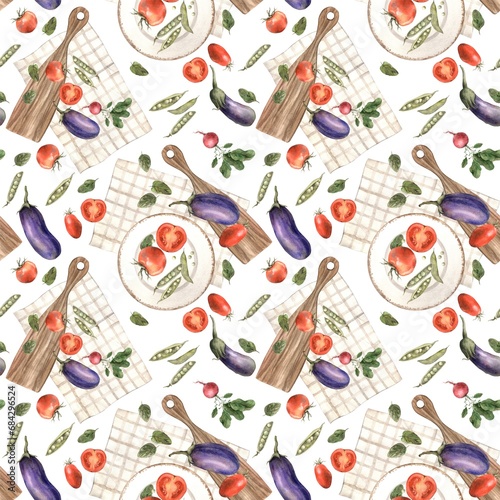 Pattern of compositions with eggplants, tomatoes, peas, radishes on a brown kitchen wooden cutting board and textile towel with a ceramic plate. Hand drawn watercolor illustration. 
