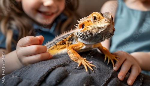 Child playing with a bearded dragon. Lizard in kids lap. photo