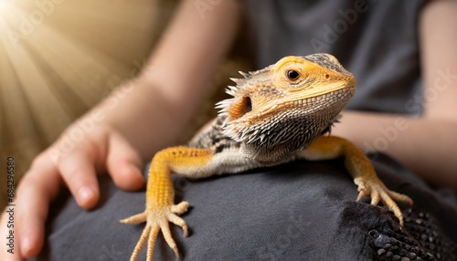 Child playing with a bearded dragon. Lizard in kids lap.