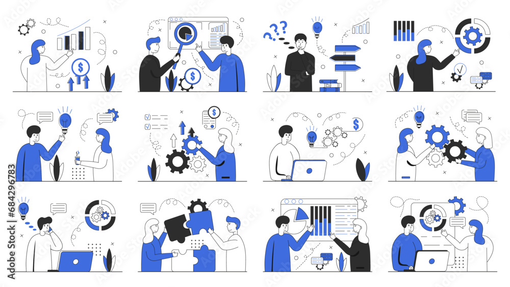 Fototapeta premium Set Business illustrations. big set. Collection of scenes with men and women taking part in business activities. Vector illustration in blue color on a white background.
