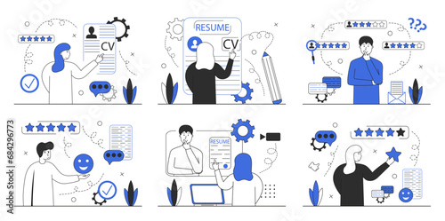 Recruitment agency, hiring, vector illustration set. Hr managers searching new employee, reading CV and giving job candidate review. Manager approves a new employee for a vacancy. Vector illustration.