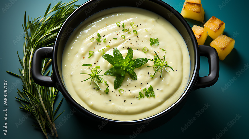 Vegetables stew - Pan full of Leek and potato soup.  top view, commercial product design shot - food art