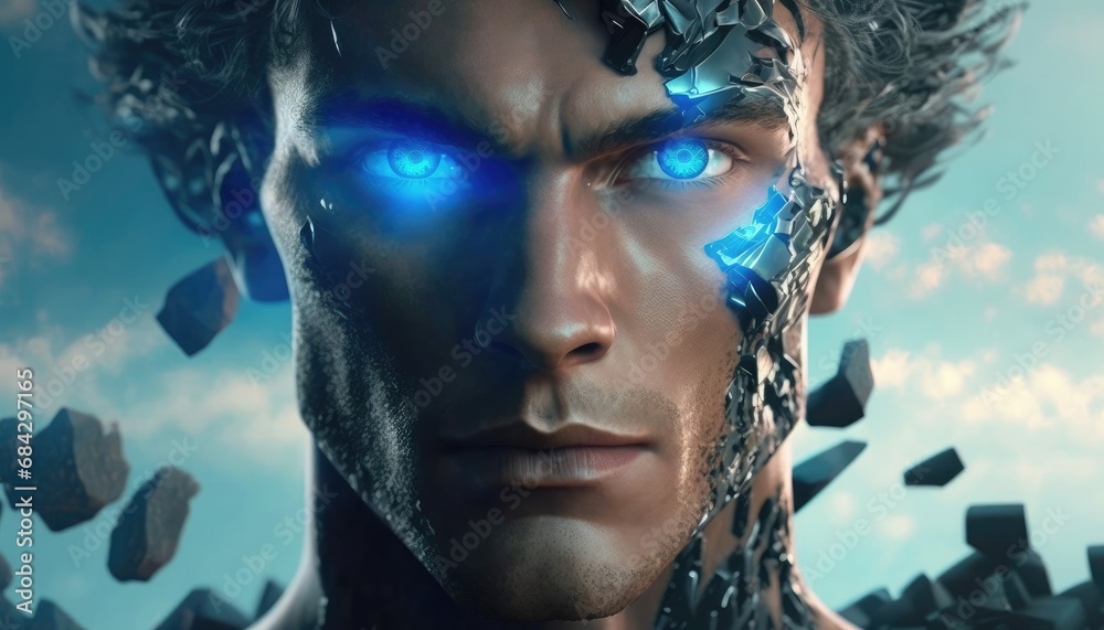 A man like a cyber technology with light blue eyes. A man like a cyber technology with light blue eyes.