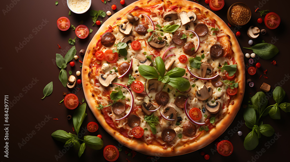 pizza with vegetables close up, Top view shot - Commercial product design and concept. Food art