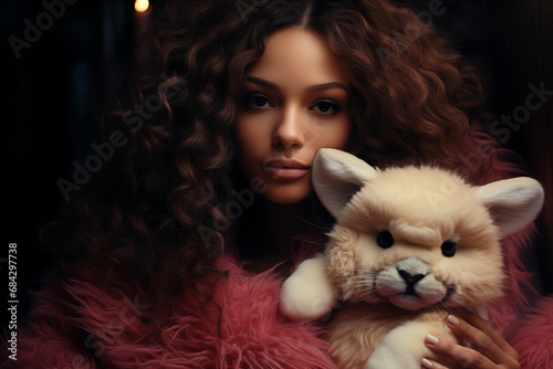 luxury studio shot of mulatto young woman with plush toy. Portrait. Fashion concept. Magazine, journal, cover, banner, social media. Poster, invitation, flyer, header. Generative AI content