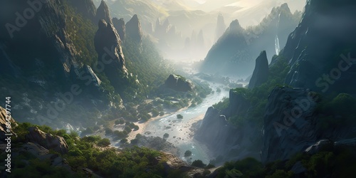 AI Generated. AI Generative. Nature outdoor mountain landscape background with green hill rocks and river. Graphic Art