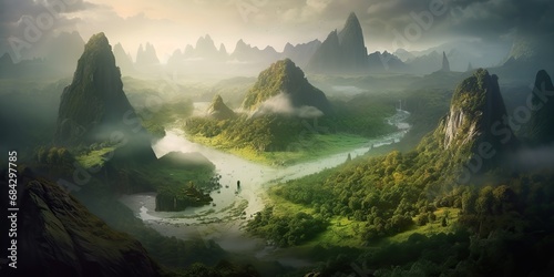 AI Generated. AI Generative. Nature outdoor mountain landscape background with green hill rocks and river. Graphic Art