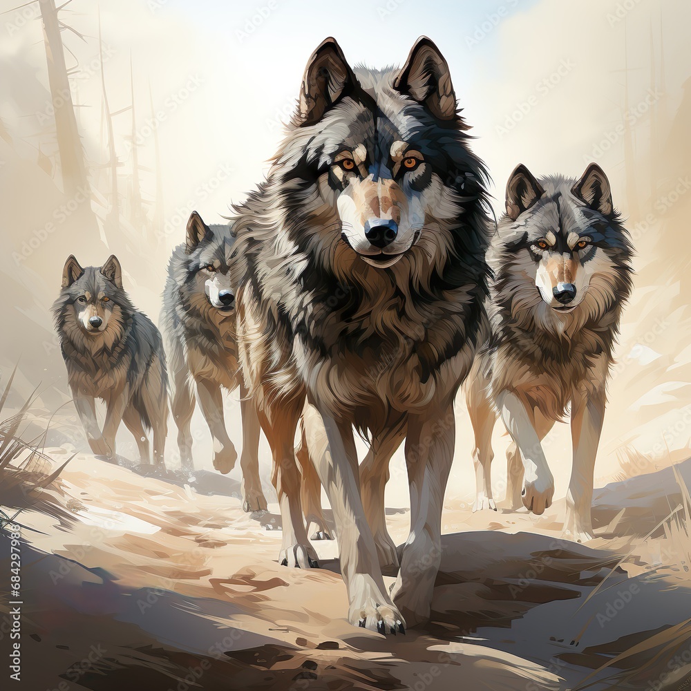 illustrated wolf pack on sand path under cloudy blue sky