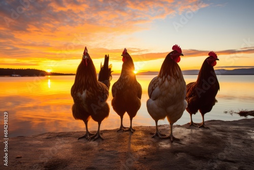 Group Of Roosters And Hens Silhouetted Againstsunset. Сoncept Silhouette Photography, Farm Animals, Sunset Moments