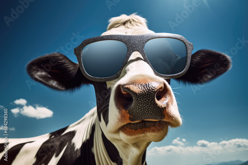 Happy Cow Wearing Sunglasses Created With Technology. Сoncept Tech-Inspired Animal Art, Stylish Farm Animal Fashion, Digital Creations, Animal Characters In Tech World